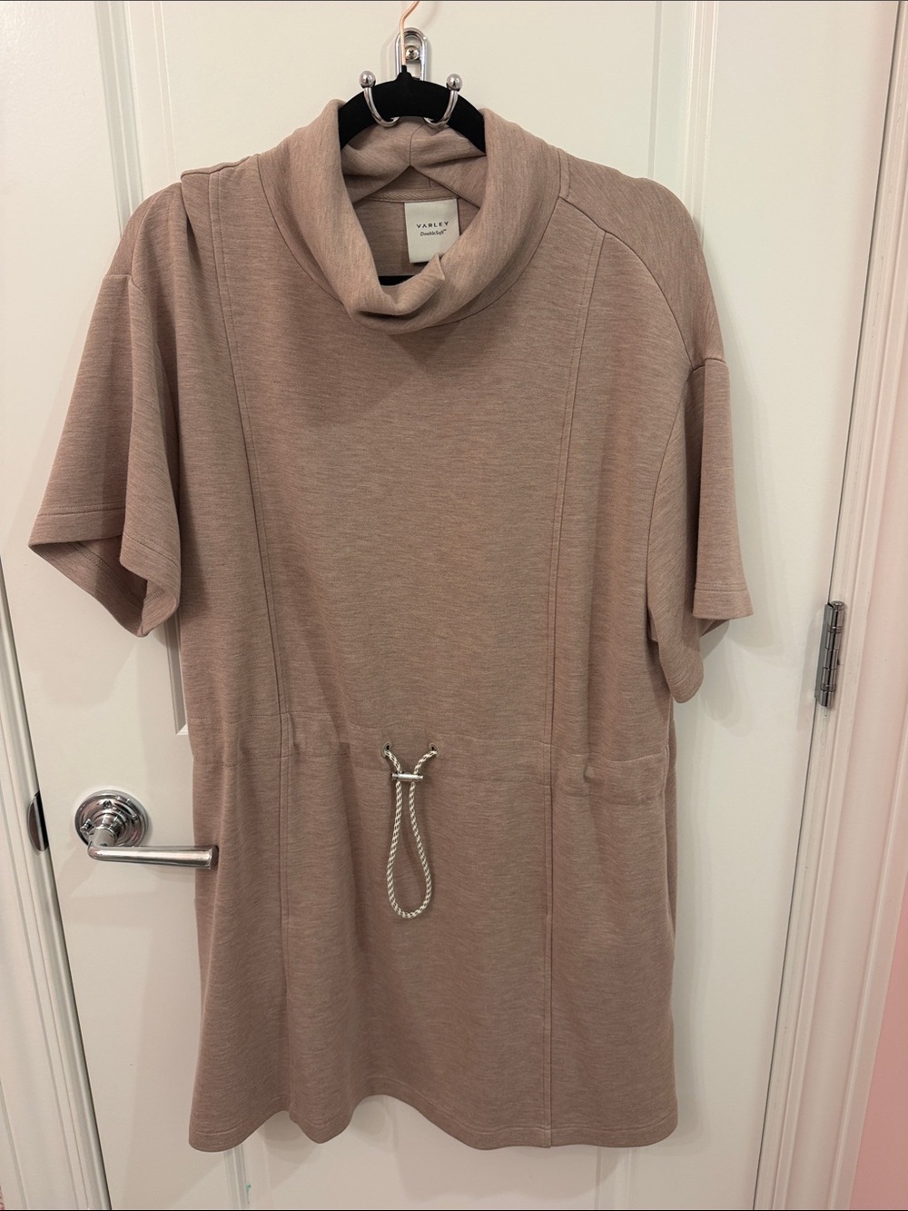 Varley Double Soft cowl neck short sweater dress size large taupe marl
